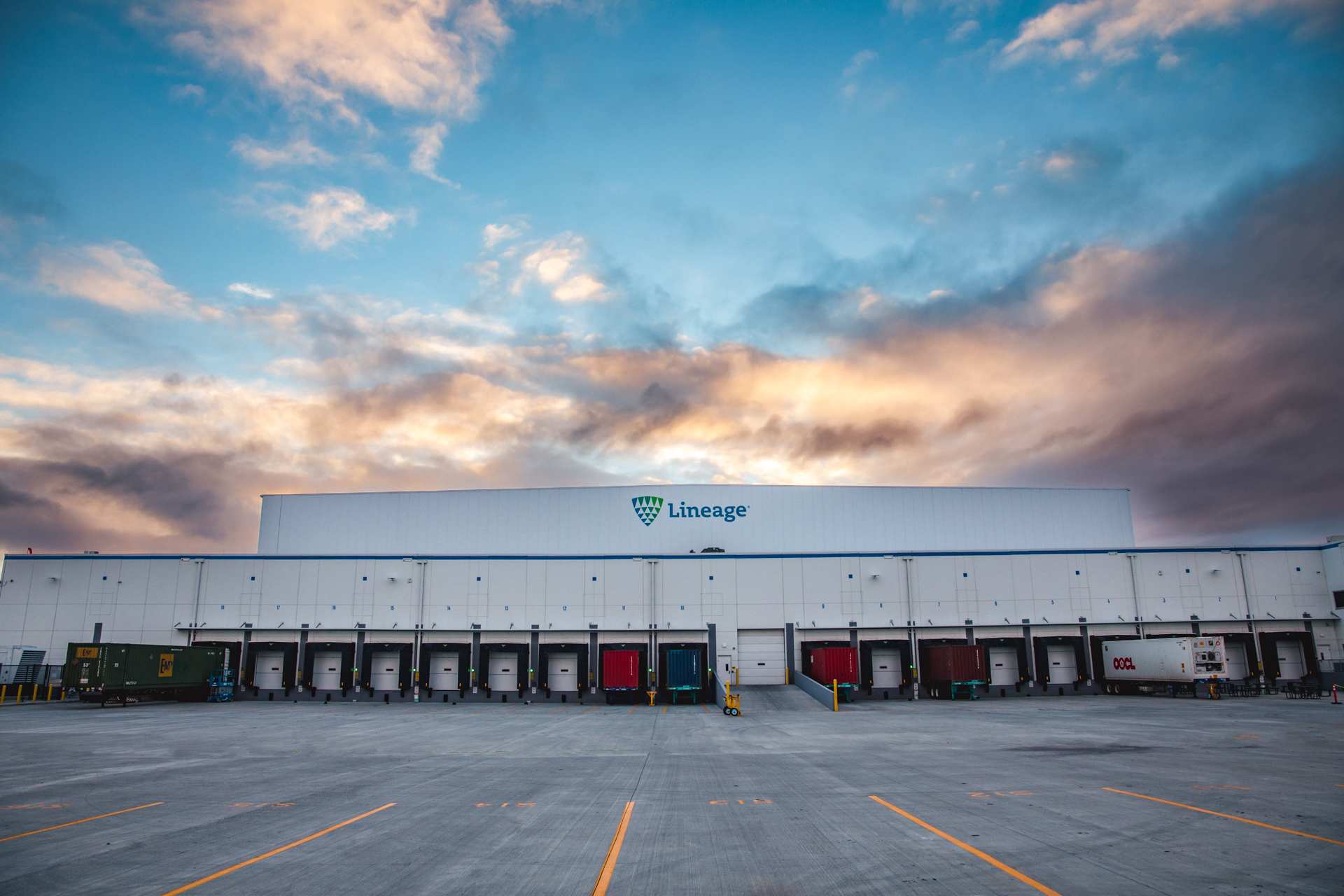 Lineage warehouse at sunset