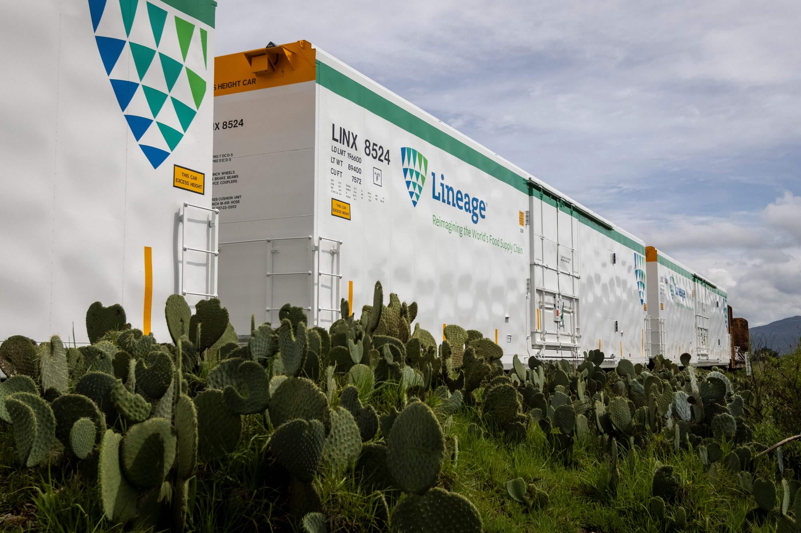 Lineage refrigerated boxcar train in the desert against a blue, cloudy sky.