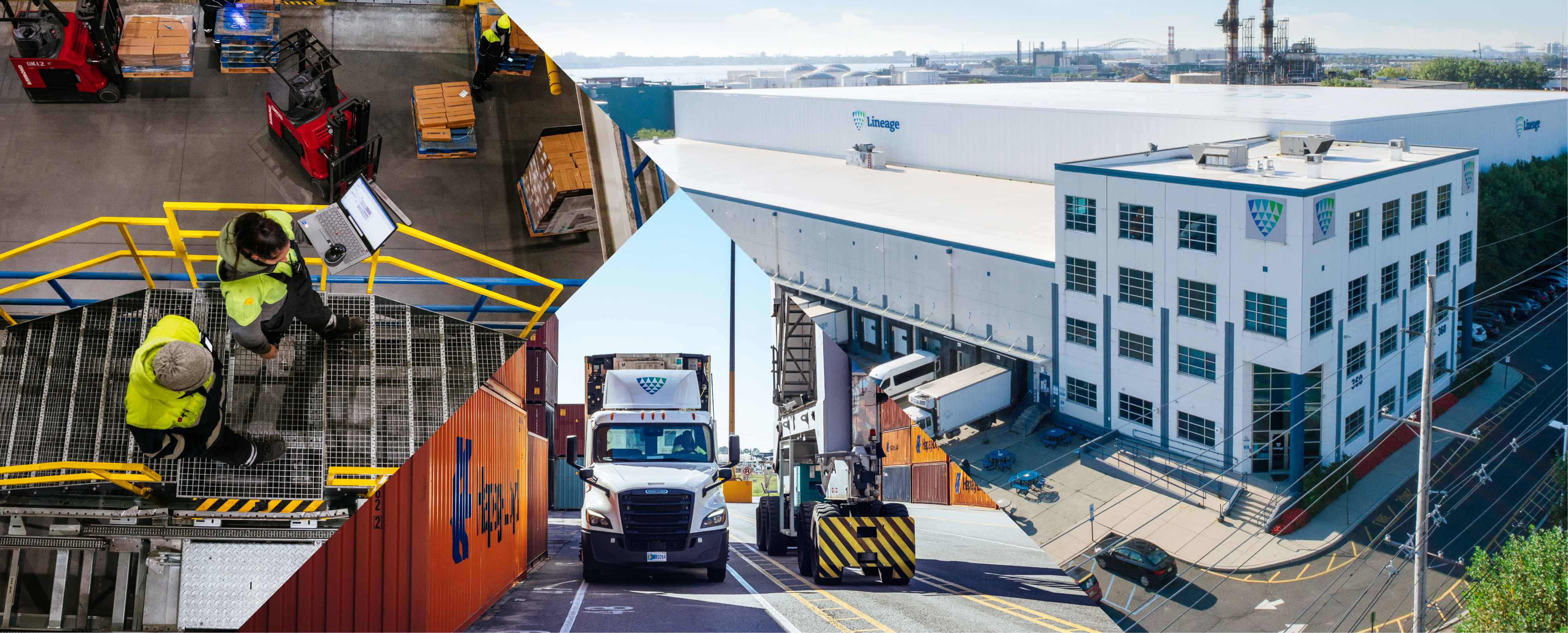 Collage of Lineage warehouses and a Lineage truck at port