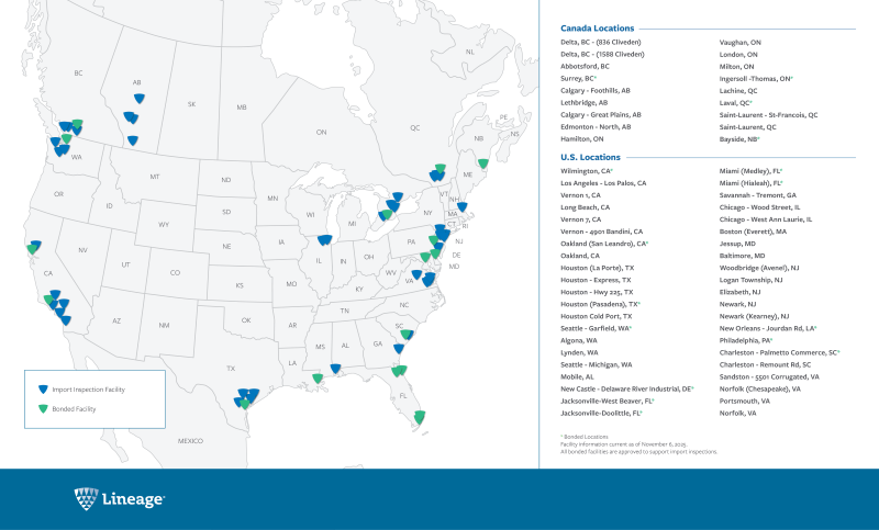 Lineage's bonded warehousing network spans the United States, with many facilities at major ports around the country.